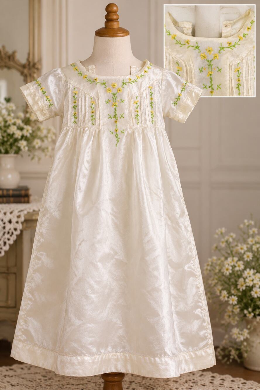 Vintage Satin Baby Gown Hand Embroidered Floral Christening Baptism Dress 13x22